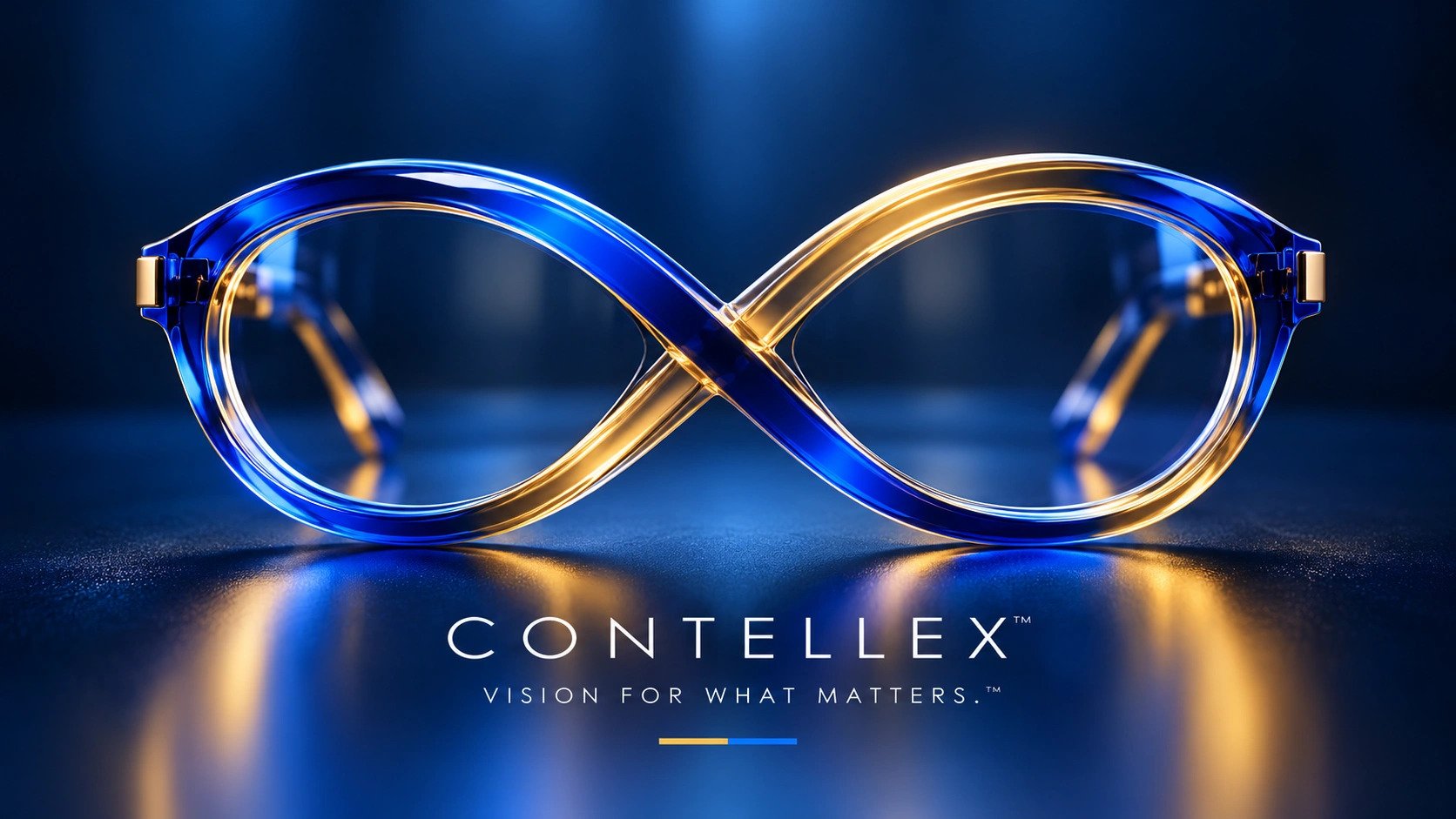 Cobalt-and-gold Contellex Infinity Lens frames on a reflective navy surface, with the Contellex wordmark and Vision for What Matters tagline